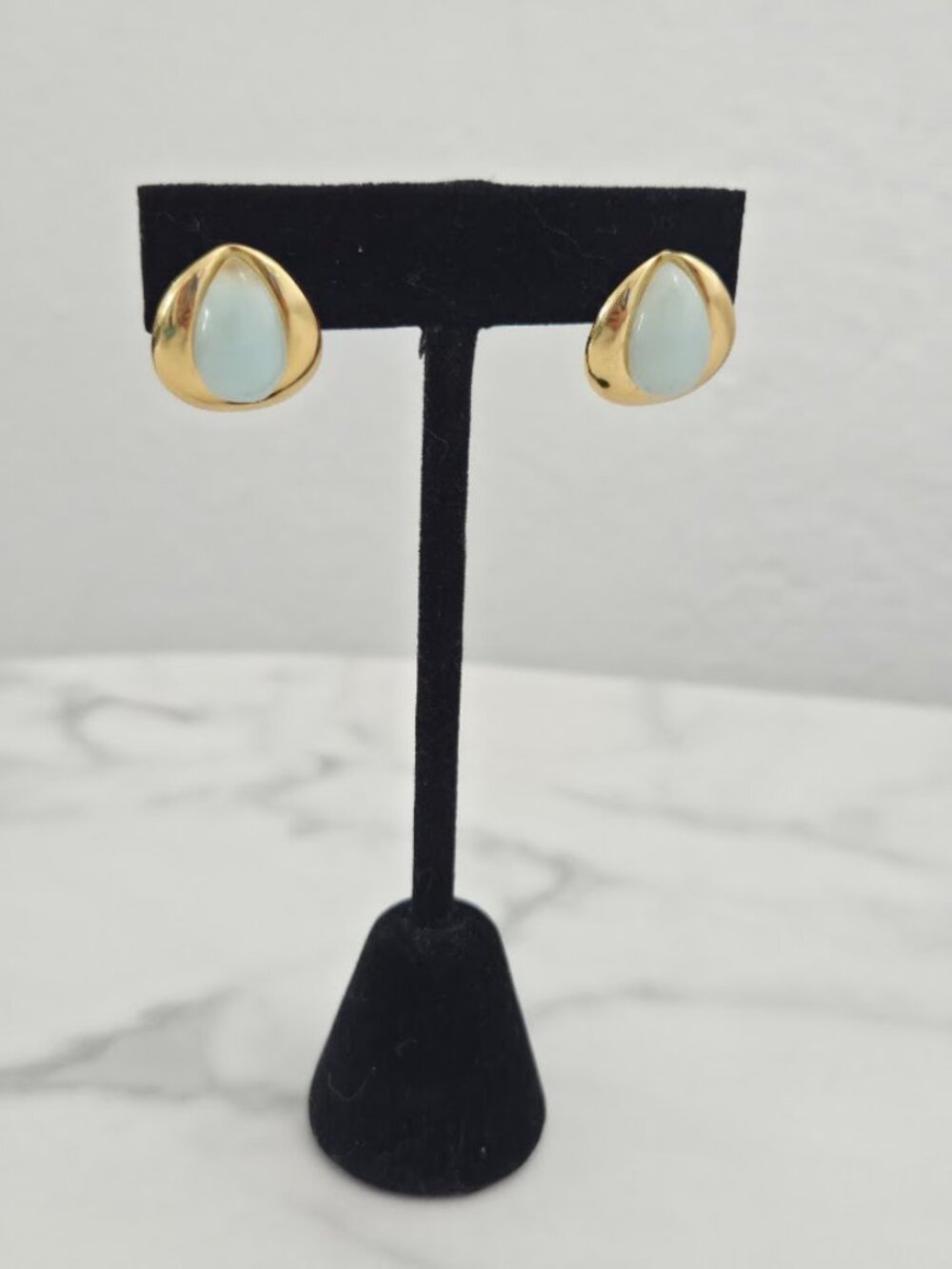 Light Blue Teardrop Stone Gold Stud Statement Earrings - Picture 7 of 12